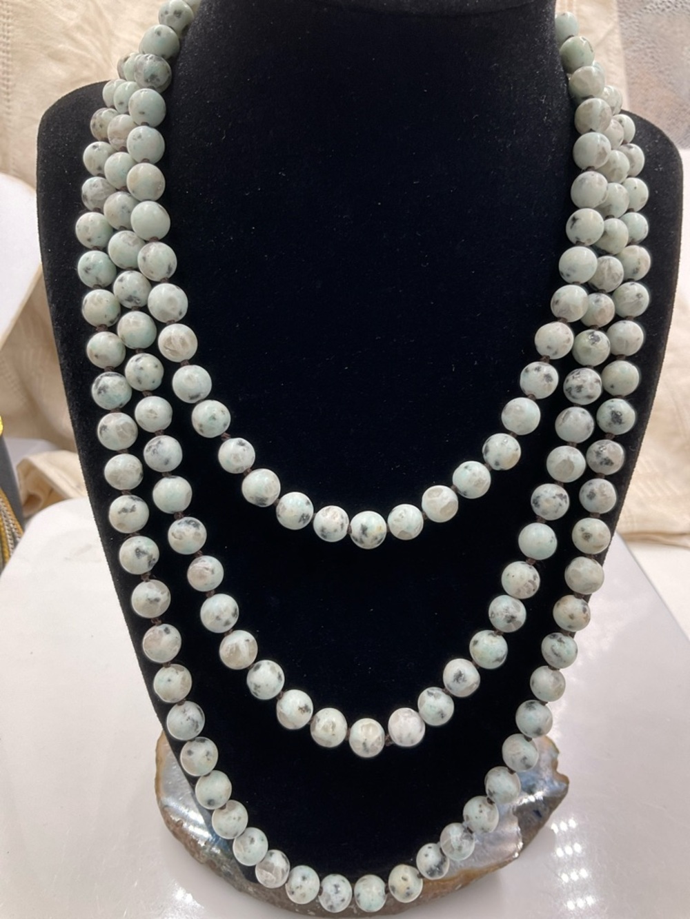 Single-Strand 60”Double Knotted 6-7mm Beads Of Sesame Jasper Stone Necklace - Picture 2 of 5